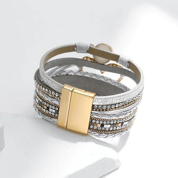 Leopard Leather Wrap Bracelet Women Boho Multi-Layer Pearl Crystal Jewelry - Picture 6 of 7